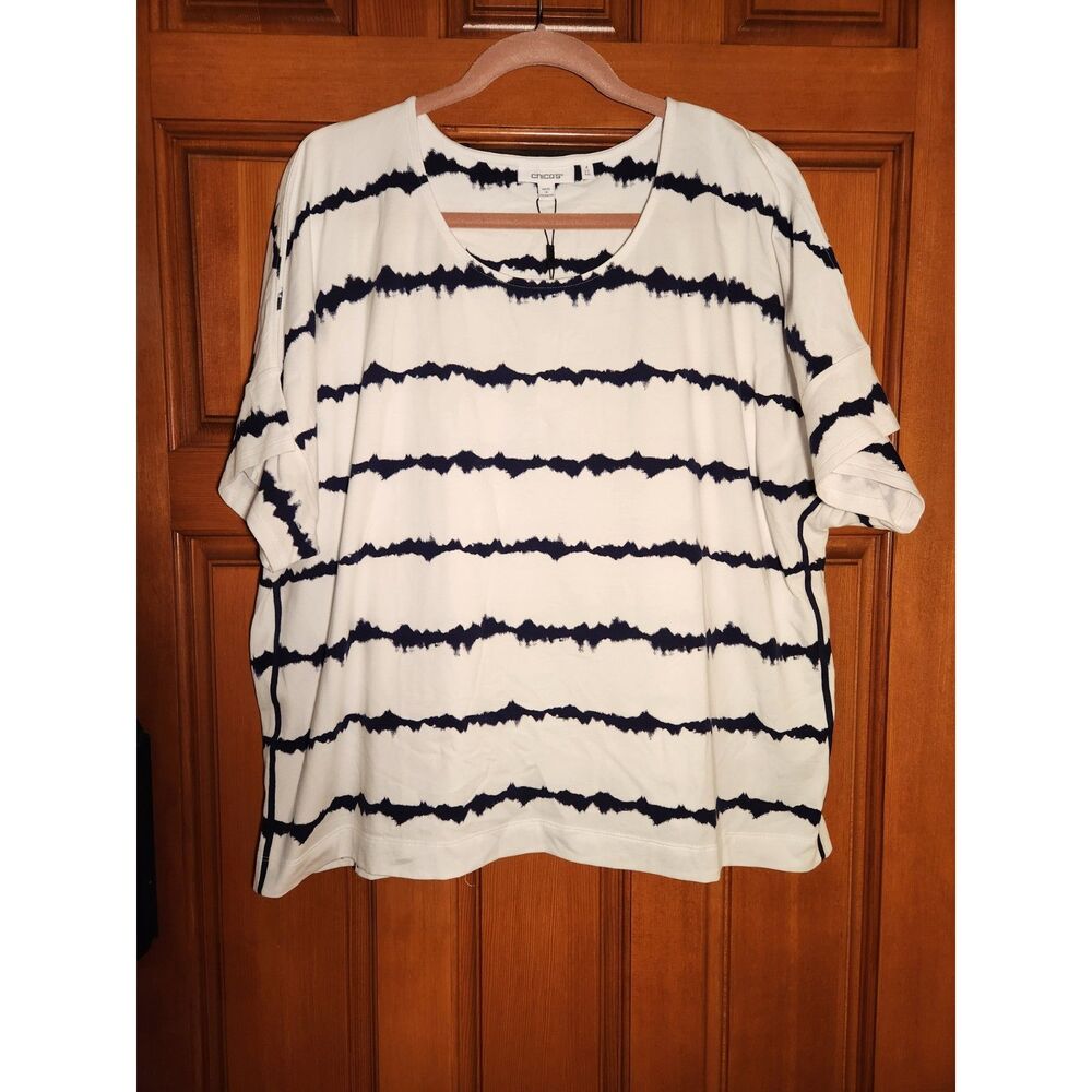 Chico's White & Black Abstract Striped Top Short Sleeve Women's Size XXL